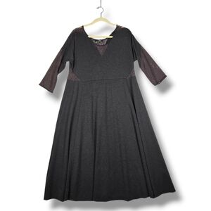 Suzanne Betro Fit N Flare Midi Dress Charcoal Knit Flowy Skirt Lace Trim Size 2X